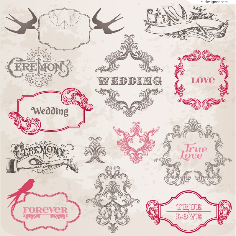 4-Designer | Vintage wedding floral border vector material