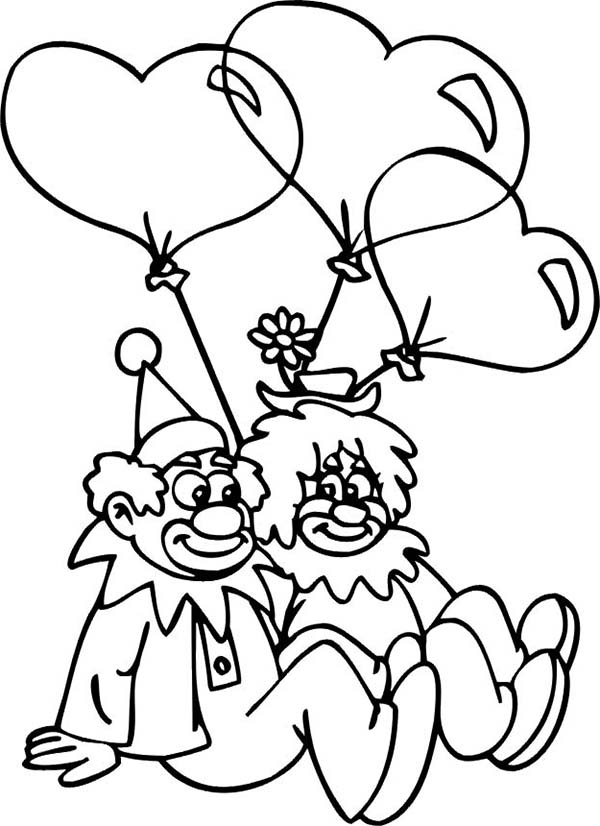 Clown Couple Had Heart Shaped Balloon Coloring Page | Color Luna
