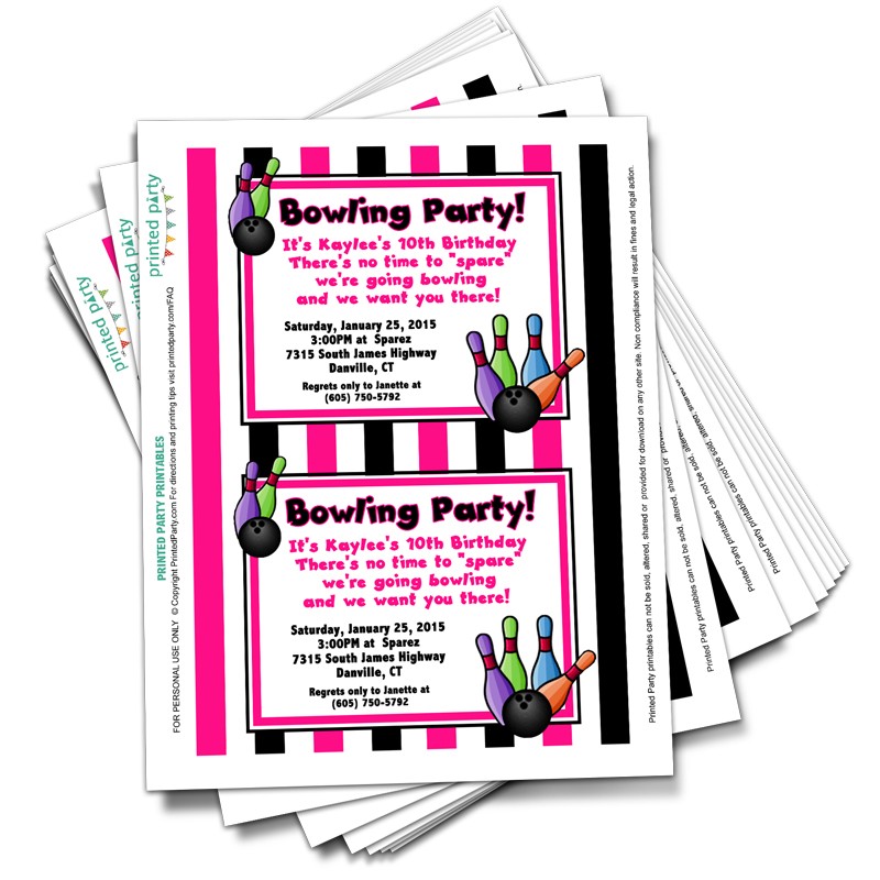 Printable Bowling Birthday Party Invitations - Template - Printed ...