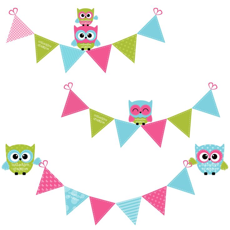 Cute Owls & Bunting Clipart in Bright Pink, Green and Blue - Ideal fo…