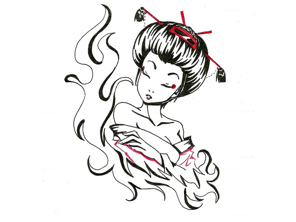 Free designs - Geisha with red sticks tattoo wallpaper