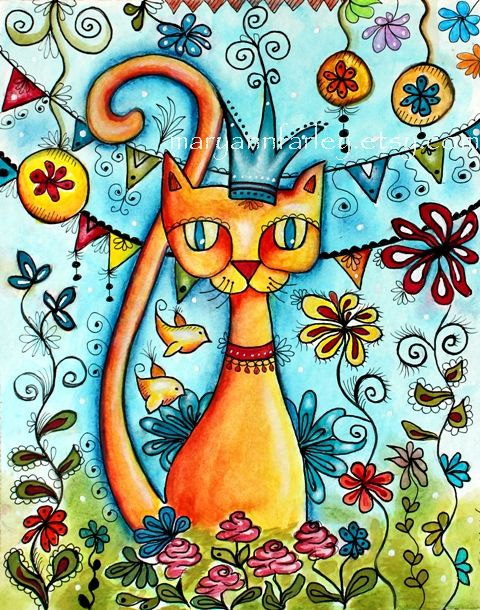 Cat Art Print Mexican Art Print Whimsical Art by maryannfarley