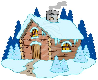 Wooden cottage in winter landscape - clipart #