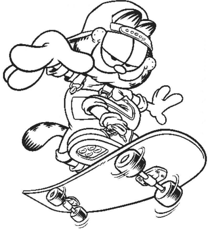 Garfield Playing Skateboard Coloring Page - Kids Colouring Pages