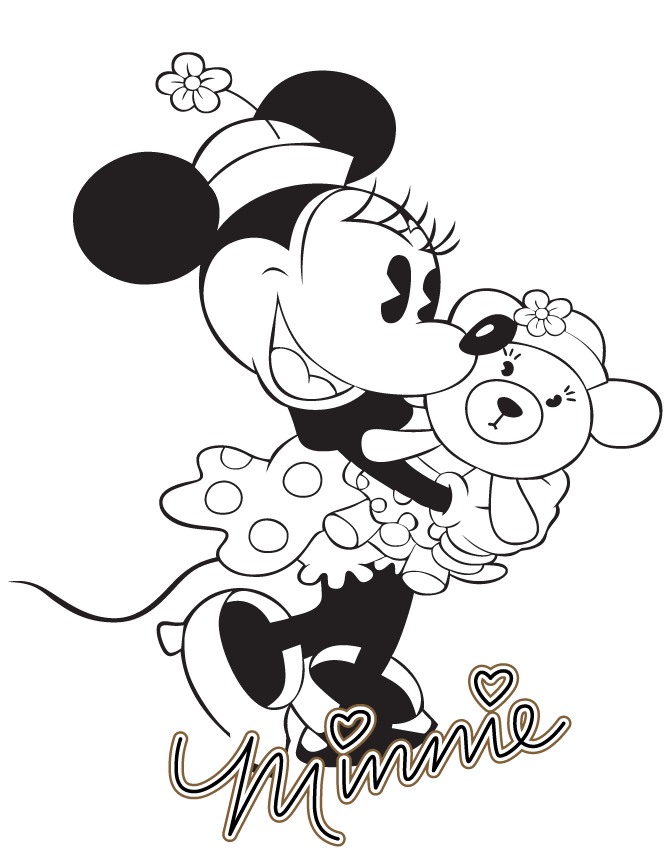 Classic Minnie Mouse With Teddy Bear Coloring Page | HM Coloring Pages