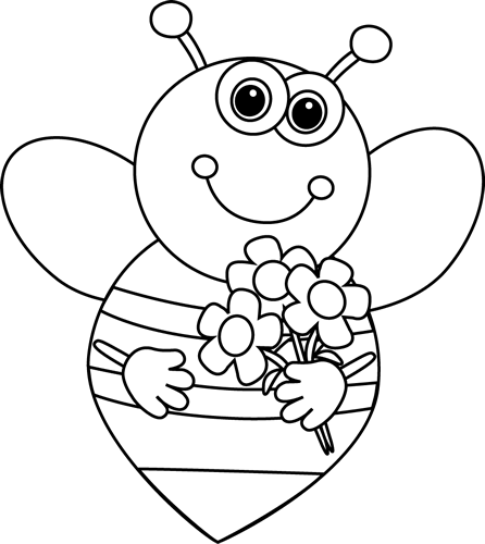 Black and White Cartoon Valentine's Bee with Flowers Clip Art ...