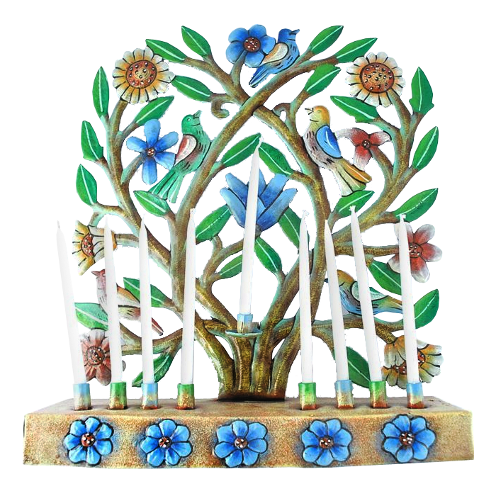 recycled menorah, flowering tree with roosters – Three Stone Steps ...