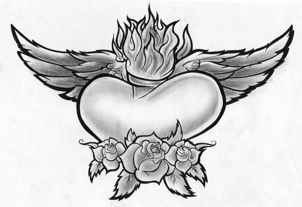 roses drawings with hearts and wings