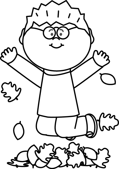 Black and White Boy Jumping in Leaves Clip Art - Black and White ...