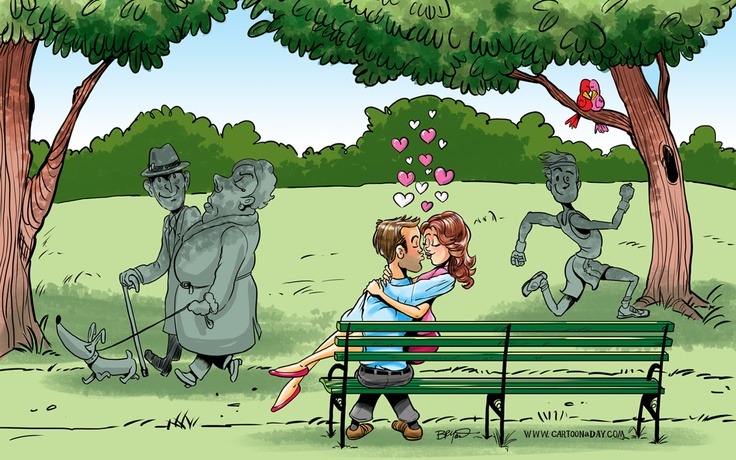 Cartoon lovers on a park bench! | Love | Pinterest