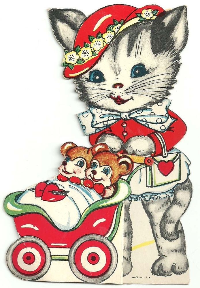 Vintage Valentine * Cat Pushing a Stroller With Two Teddy Bears insid…