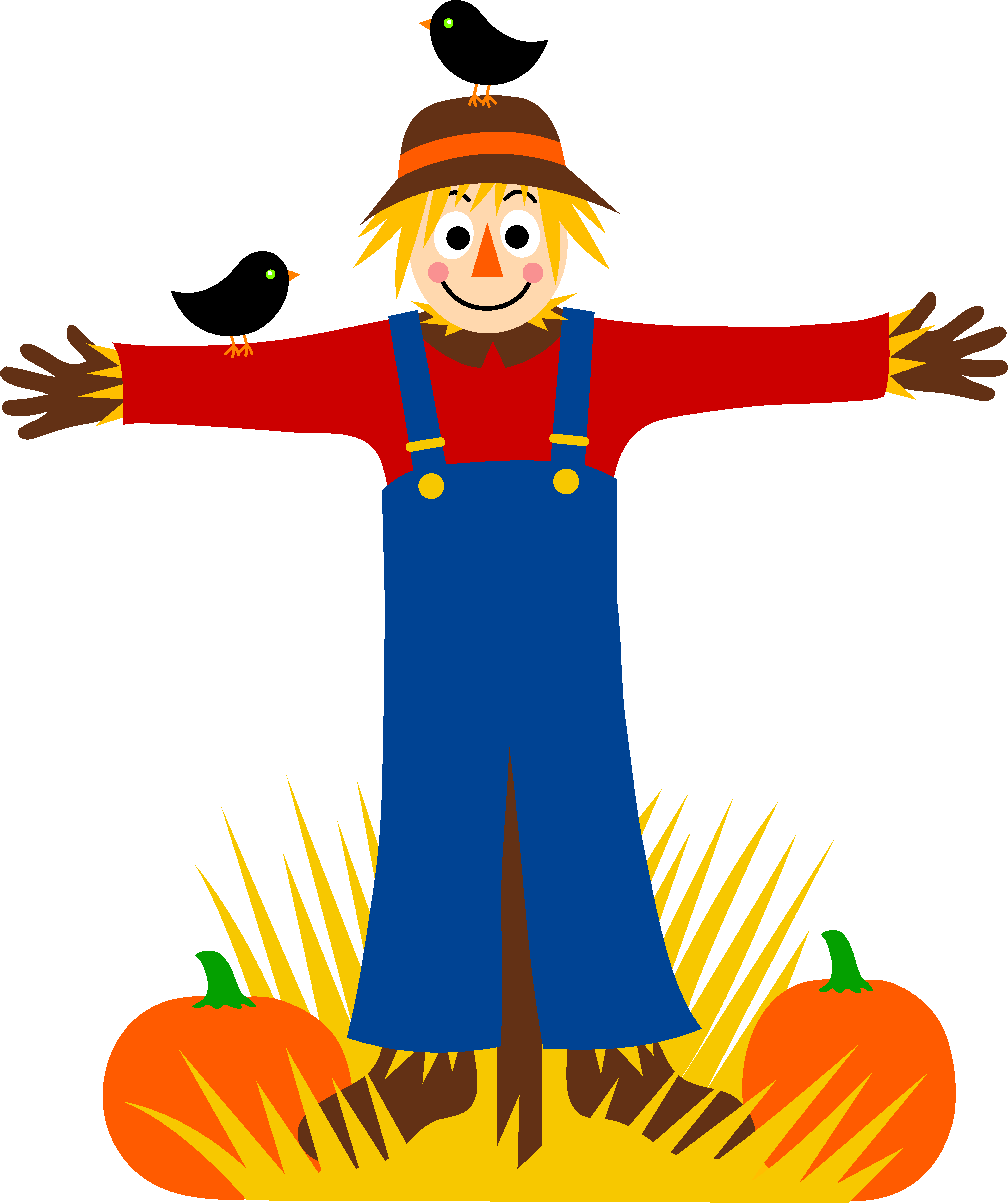 Scarecrow With Crows and Pumpkins - Free Clip Art