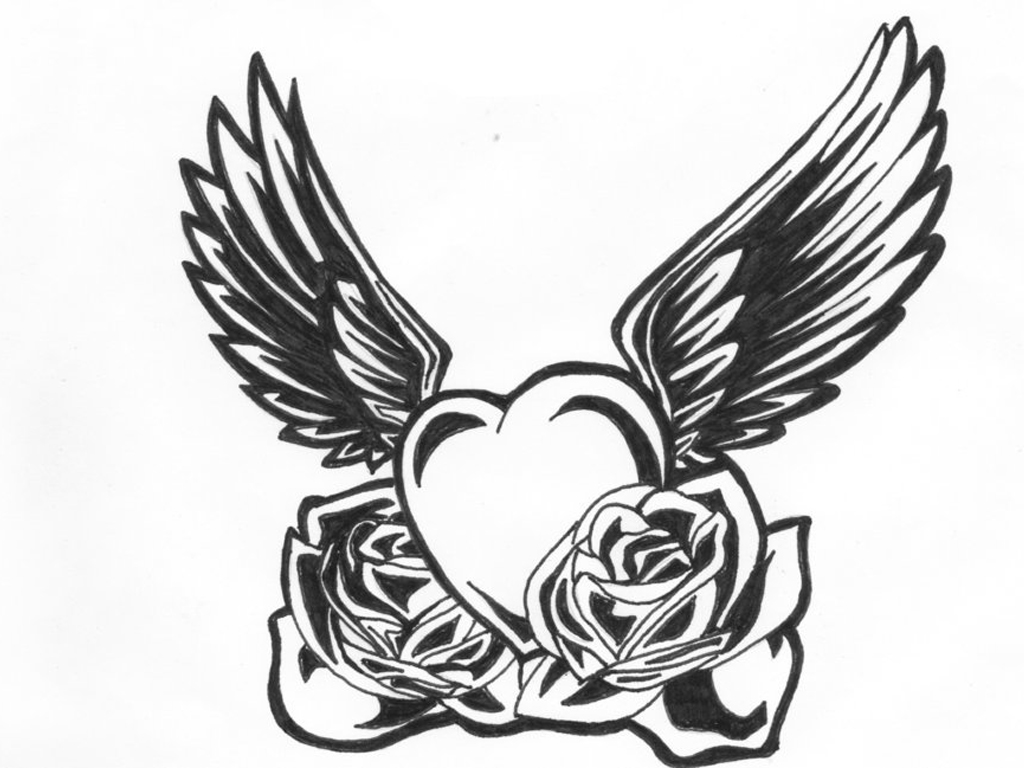 Black n White Heart Wings Tattoo Design | Tattoobite.com