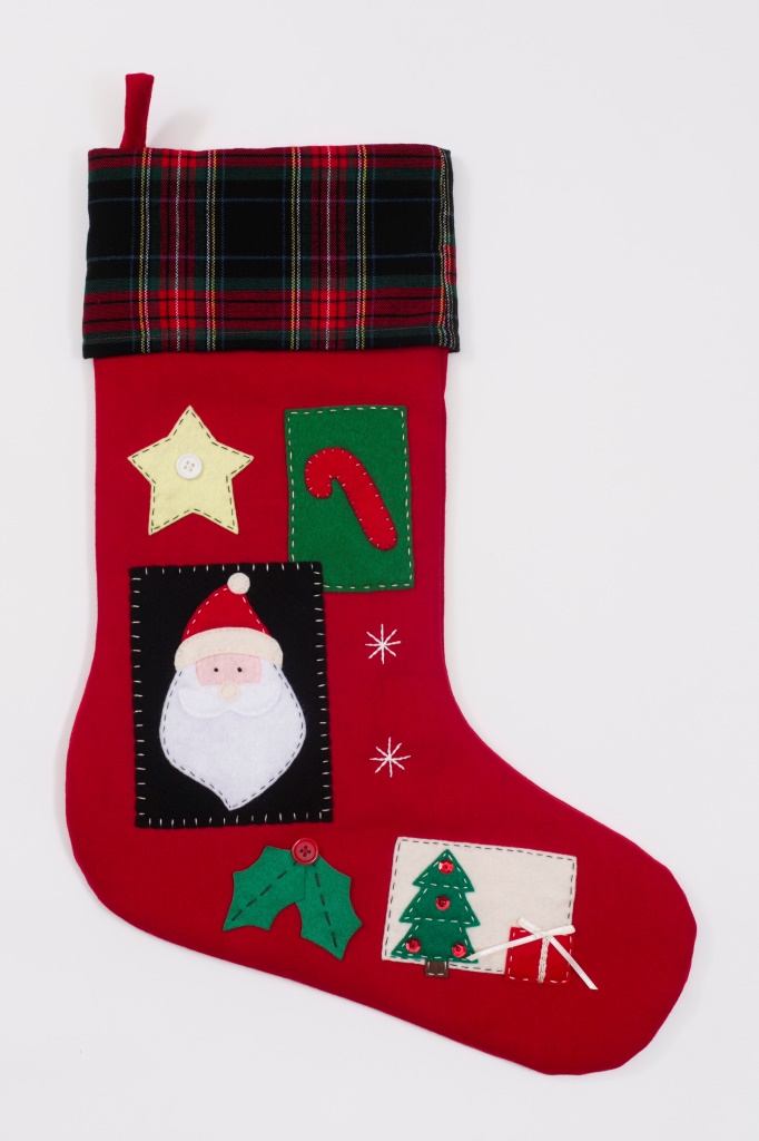 Christmas Stocking with Tartan Cuff and Santa - Plaid Tidings
