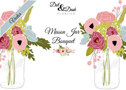 Vector Peony Mason Jar Bouquet Digital Clip by DotandDashCreative ...