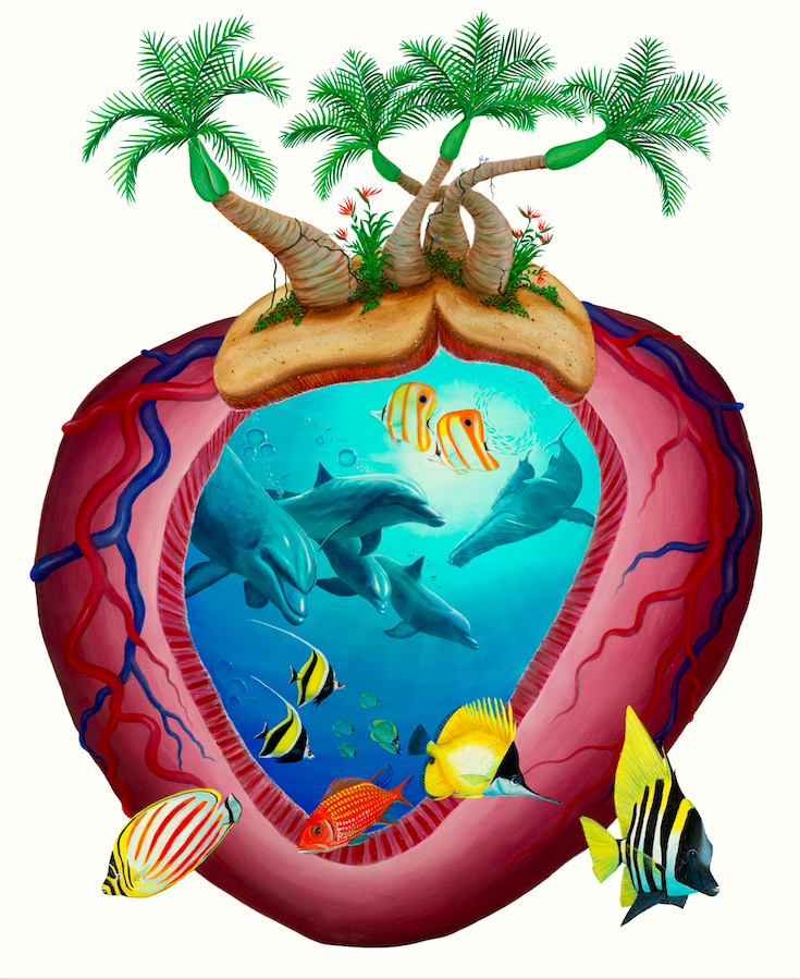 Fantasy Surrealism art of a heart with marine life swimming out of ...