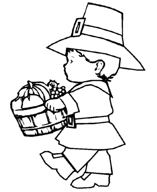 Thanksgiving Day Coloring Page Sheets - Pilgrim Boy with basket of ...