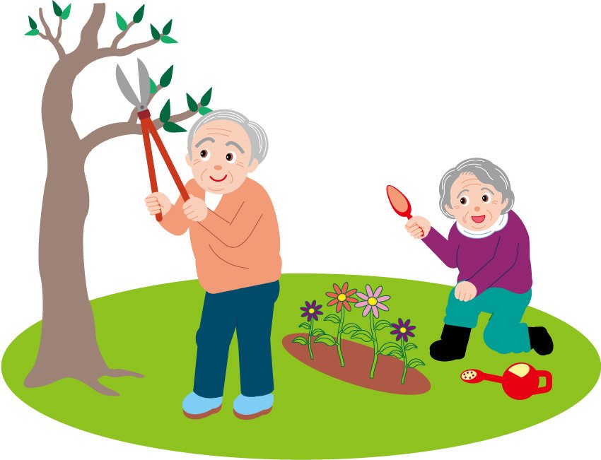 Cartoon Grandfather Grandmother Pruning Flowers Vector | Vector