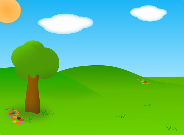 Cartoon bluesky white cloud green grass vector | Free PSD,Vector,Icons
