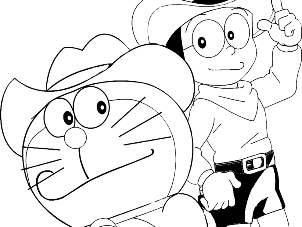 Cowboy Doraemon and Nobita Free Coloring Page | Kids Coloring Page
