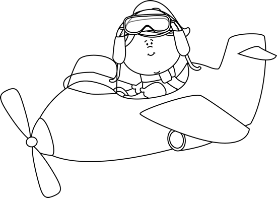 Black and White Little Girl Flying a Plane Clip Art - Black and ...