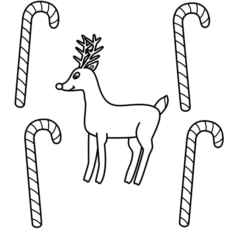 Rudolph with Candy Canes - Coloring Page (