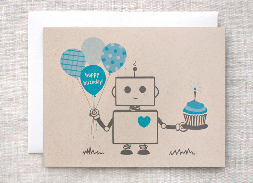 Birthday Card for Him Boys Blue Robot Happy by HappyDappyBits