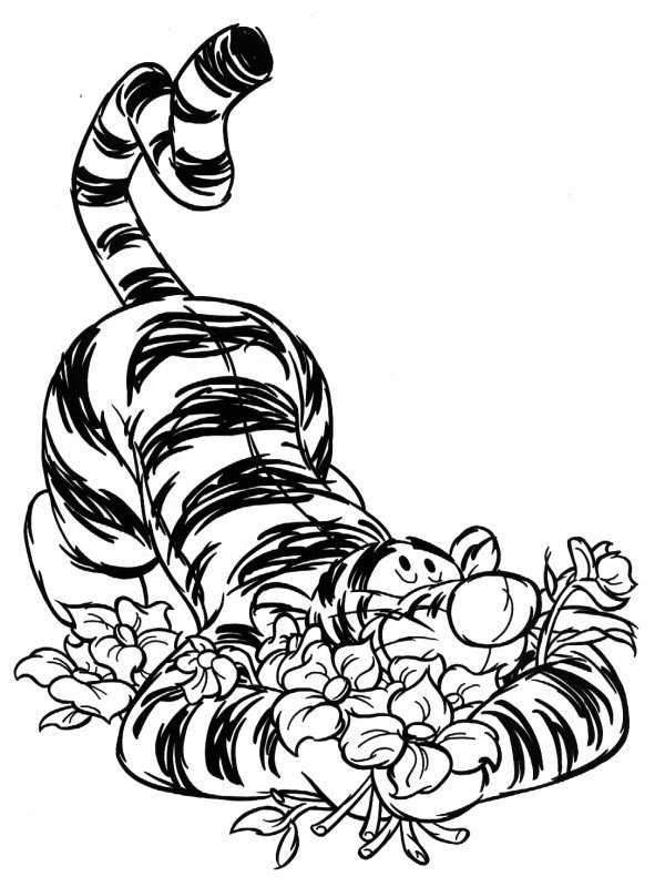 Cartoon Tiger Sleeping With Flowers Coloring Pictures
