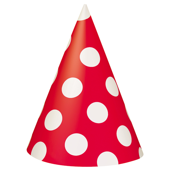 Red Polka Dot Party Hats (8) at Birthday Direct