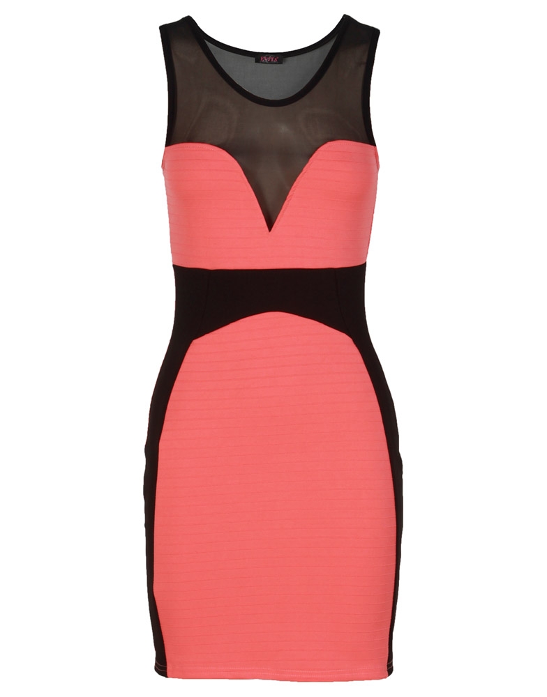 Black and Coral Contrast Mesh Sweetheart Bodycon Dress
