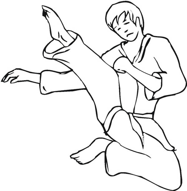 Karate Kid Jumping Kick Coloring Page | Kids Play Color
