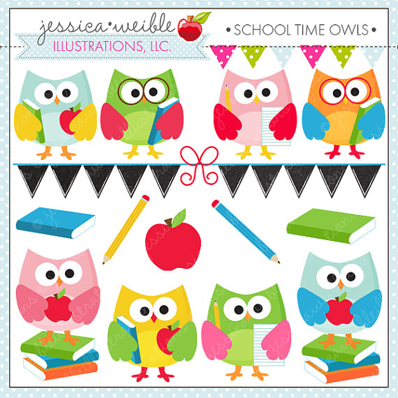 School Time Owls Cute Digital Clipart for by JWIllustrations