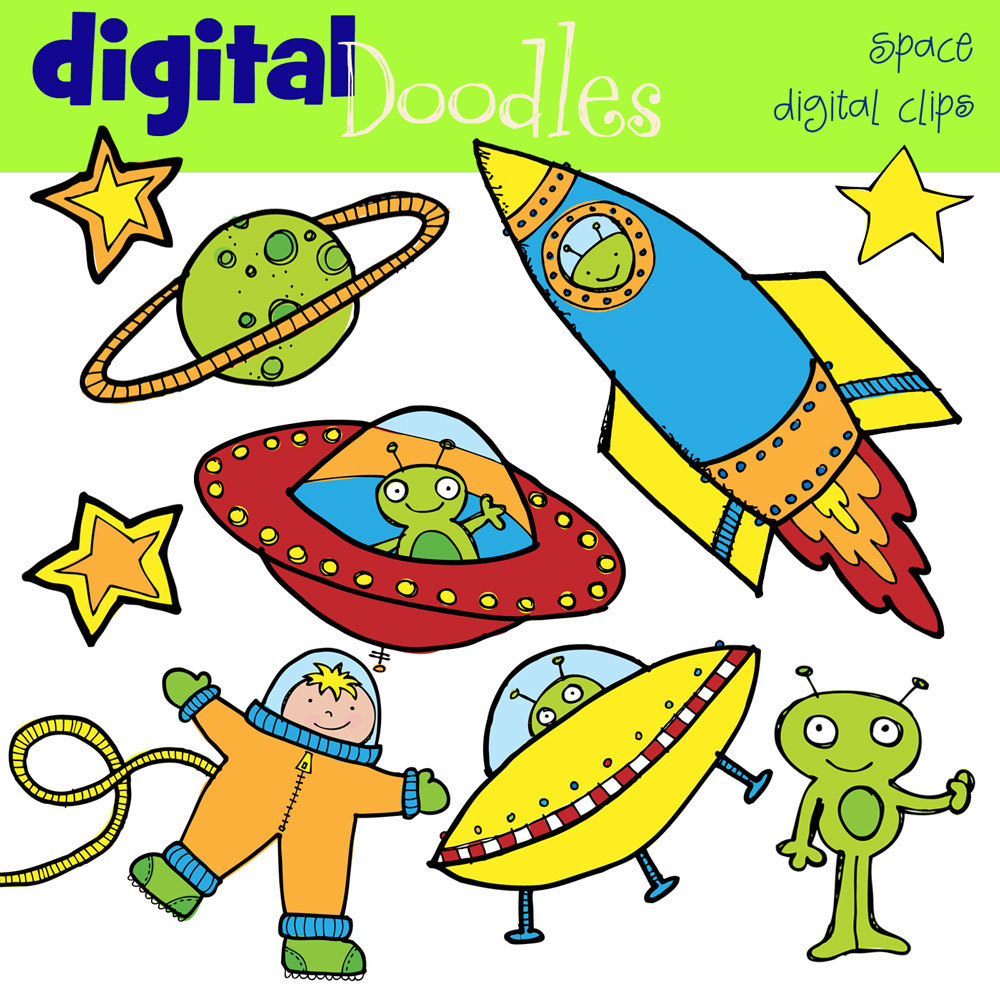 COMBO Outer space Digital clip art and Black Line by kpmdoodles