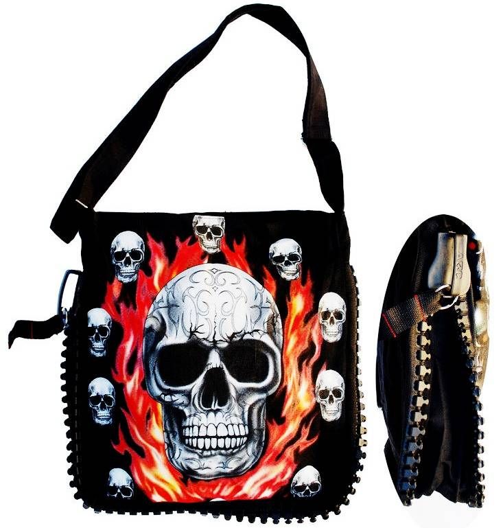 Fire flaming skull handbag shoulder bag biker goth huge zipper designe