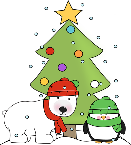 Penguin, Polar Bear, and Christmas Tree in the Snow Clip Art ...