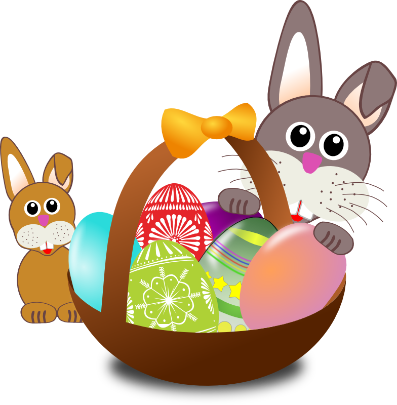 Clipart - Funny bunny face with Easter eggs in a basket with baby ...