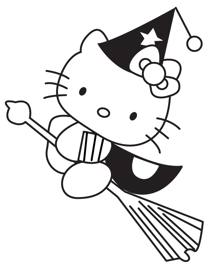 Hello Kitty Halloween Witch On Broom Coloring Page | Free ...