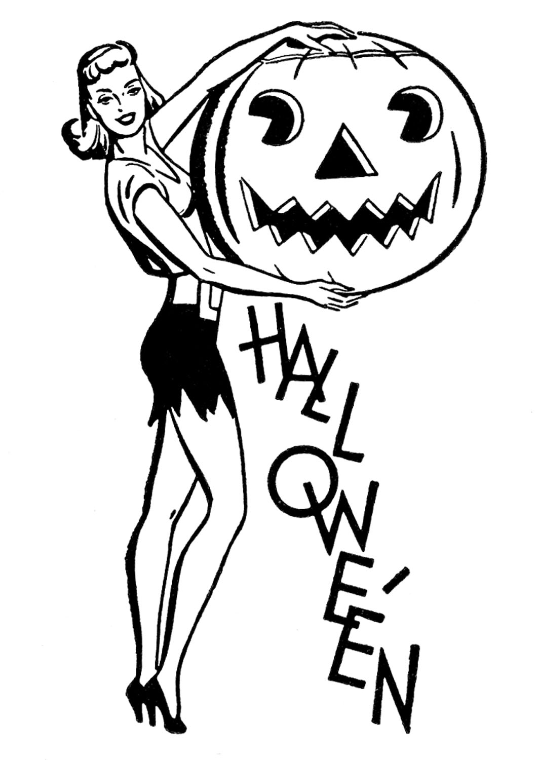 Retro Halloween Clip Art - Pretty Lady with Pumpkin - The Graphics ...