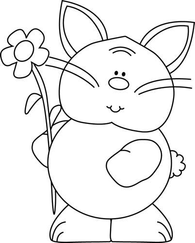 Black and White Cute Bunny with a Flower Clip Art - Black and ...