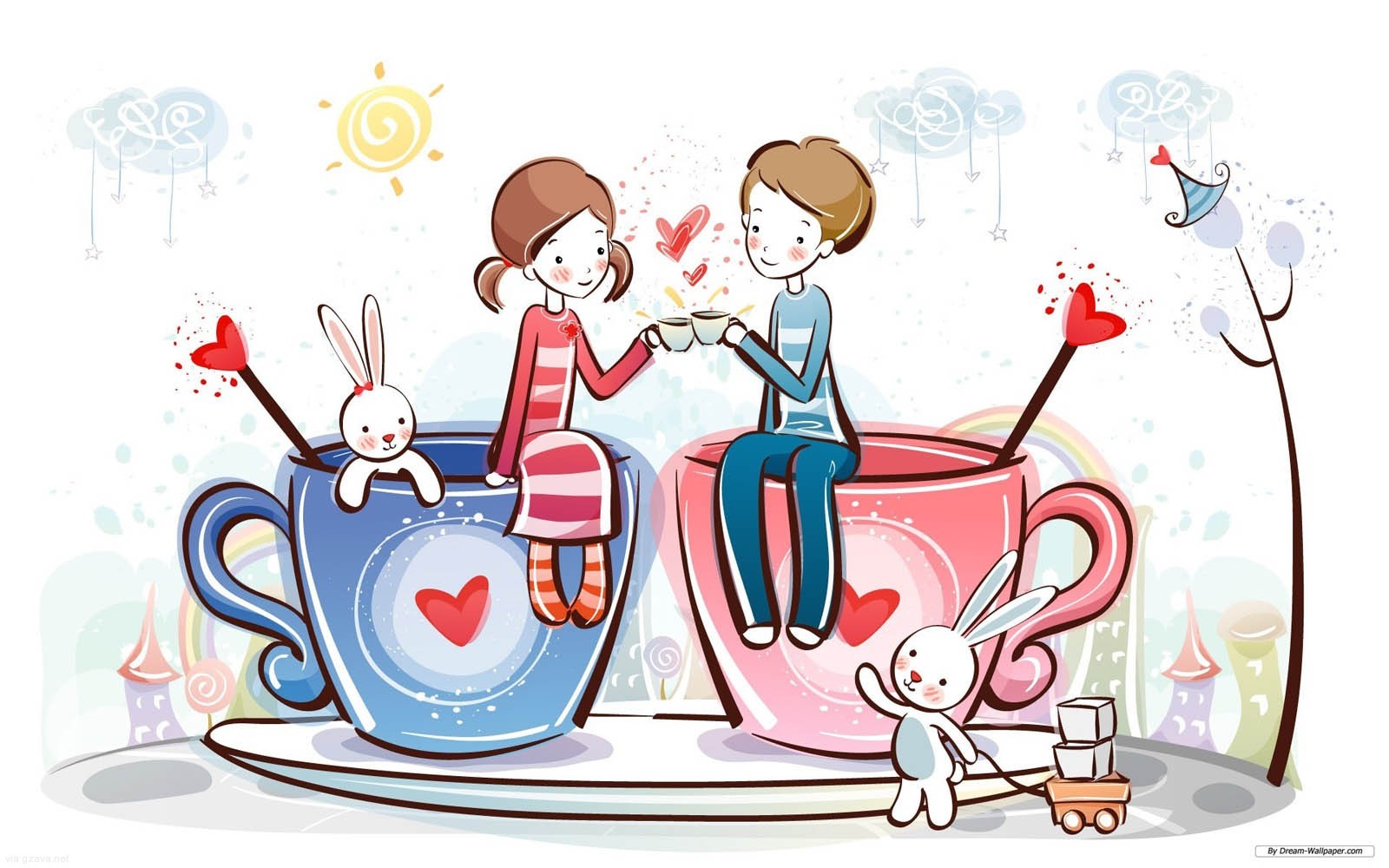 Cute Couple Love Cup Cartoon Wallpaper - Gzava.net