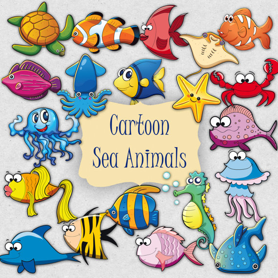 20 PNG Cartoon Sea Animals Clipart by DigitalVintageDreams on Etsy