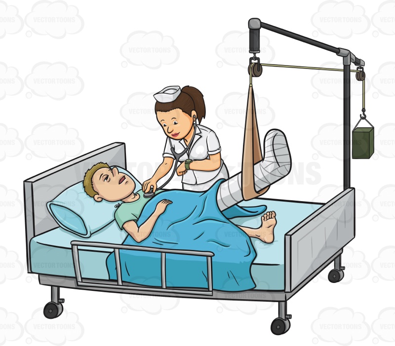 Sick Male Patient Laying In In A Hospital Bed While A Nurse Checks ...