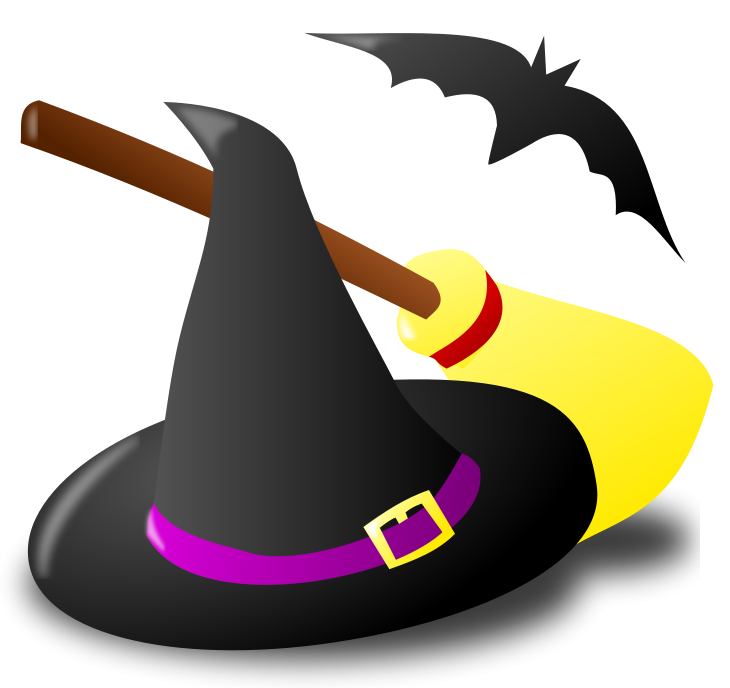 Halloween Witch Hat Broom and Bat PNG Clipart
