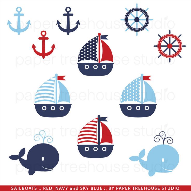 Sailboats, Anchors and Whales - Printable Clip Art Set - Red Navy and…