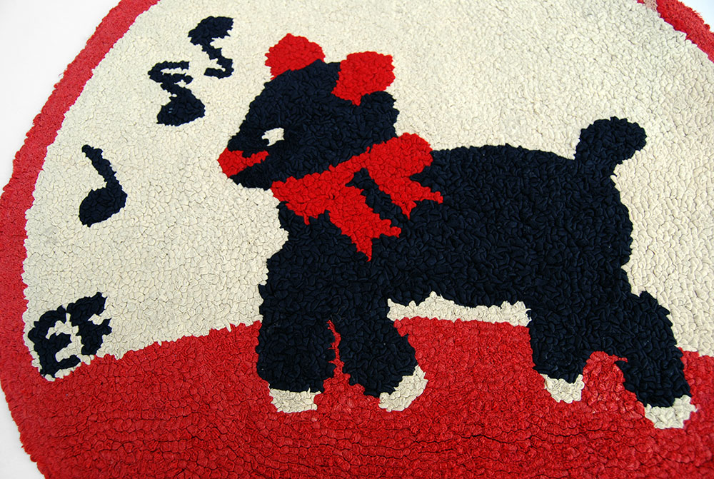 Antique American Folk Art Signed Hooked Rug Cat Dog Bold Graphics