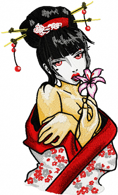 Modern Geisha with flower machine embroidery design for clothes ...