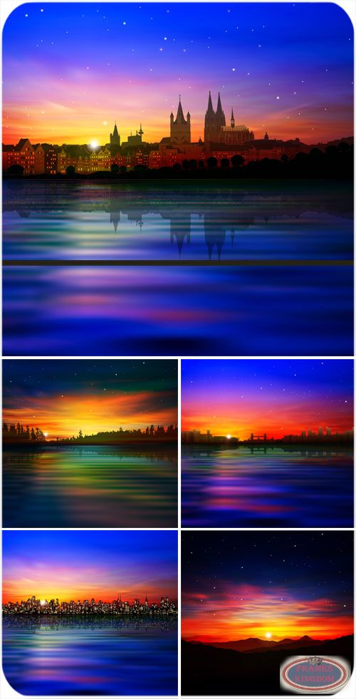 Night scenery vector , city, river, sunset