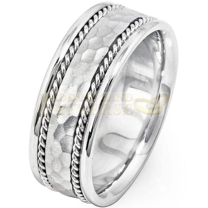 White Gold Wedding Band With Hammered Finish Center And Dual Rope ...