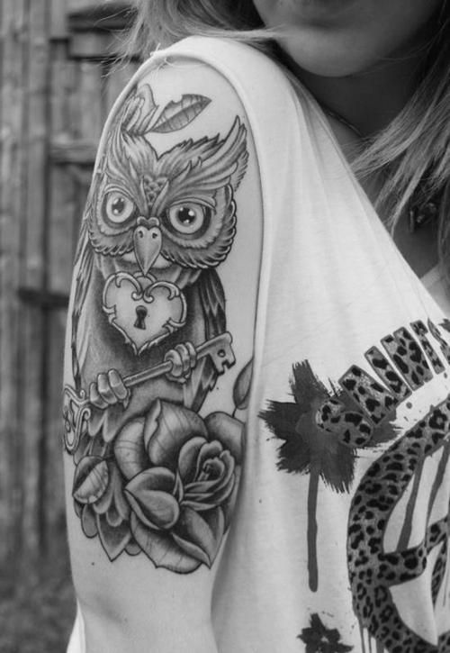 rose-flower-and-owl-black-and- ...