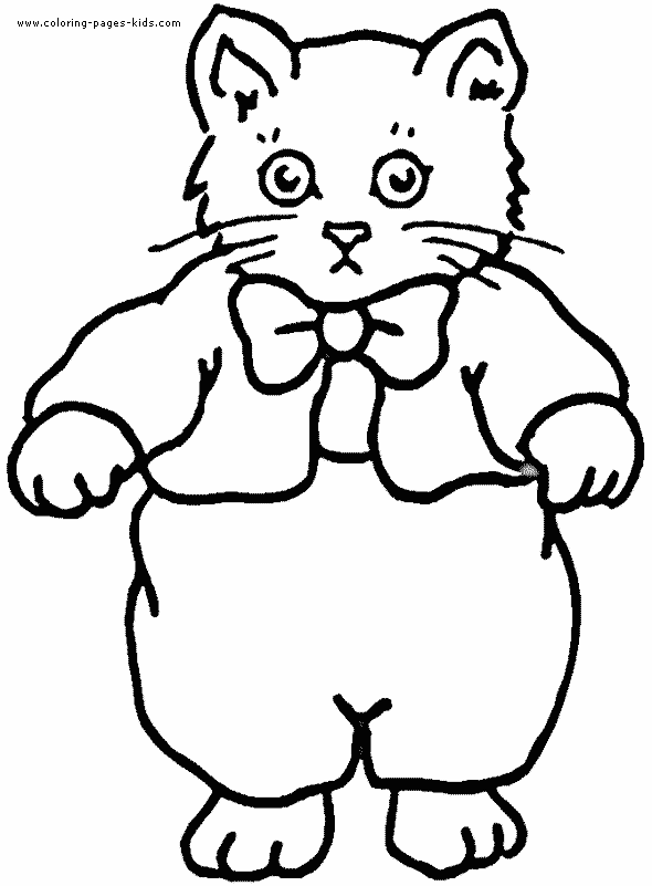 Cat with a jacket color page. Free printable coloring sheets for kids.